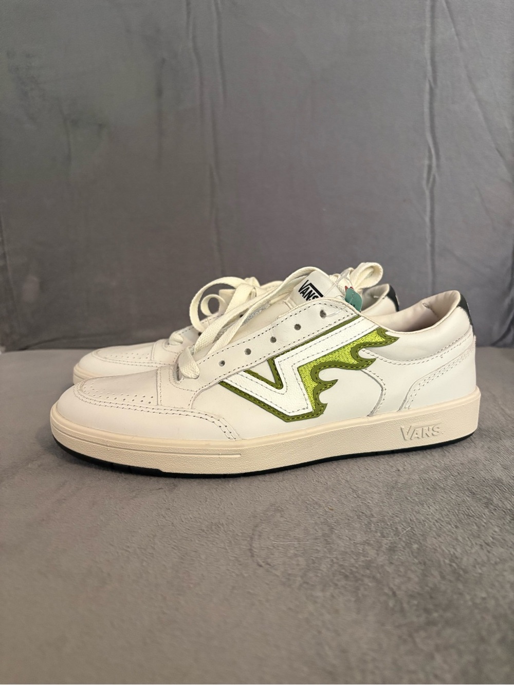 Vans White Leather Sneakers with Olive Green Flame Detail